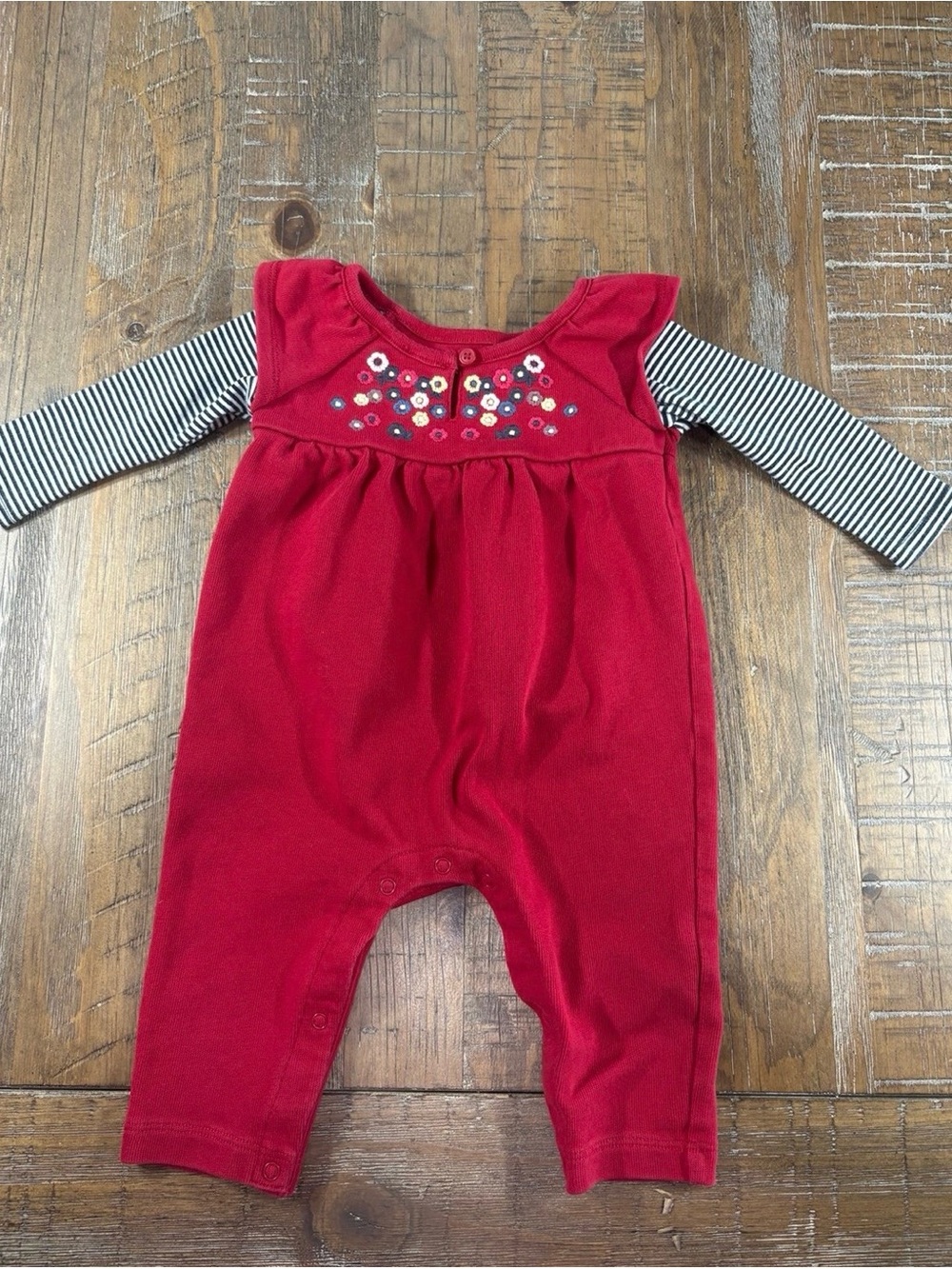 Tea Collection Red Floral Appliqué Romper with Striped Sleeves